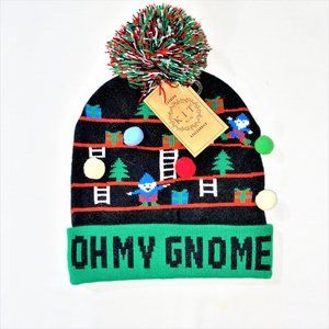 Oh My Gnome Christmas Pompom Ball Knit Beanie Hat Black/Green One Size